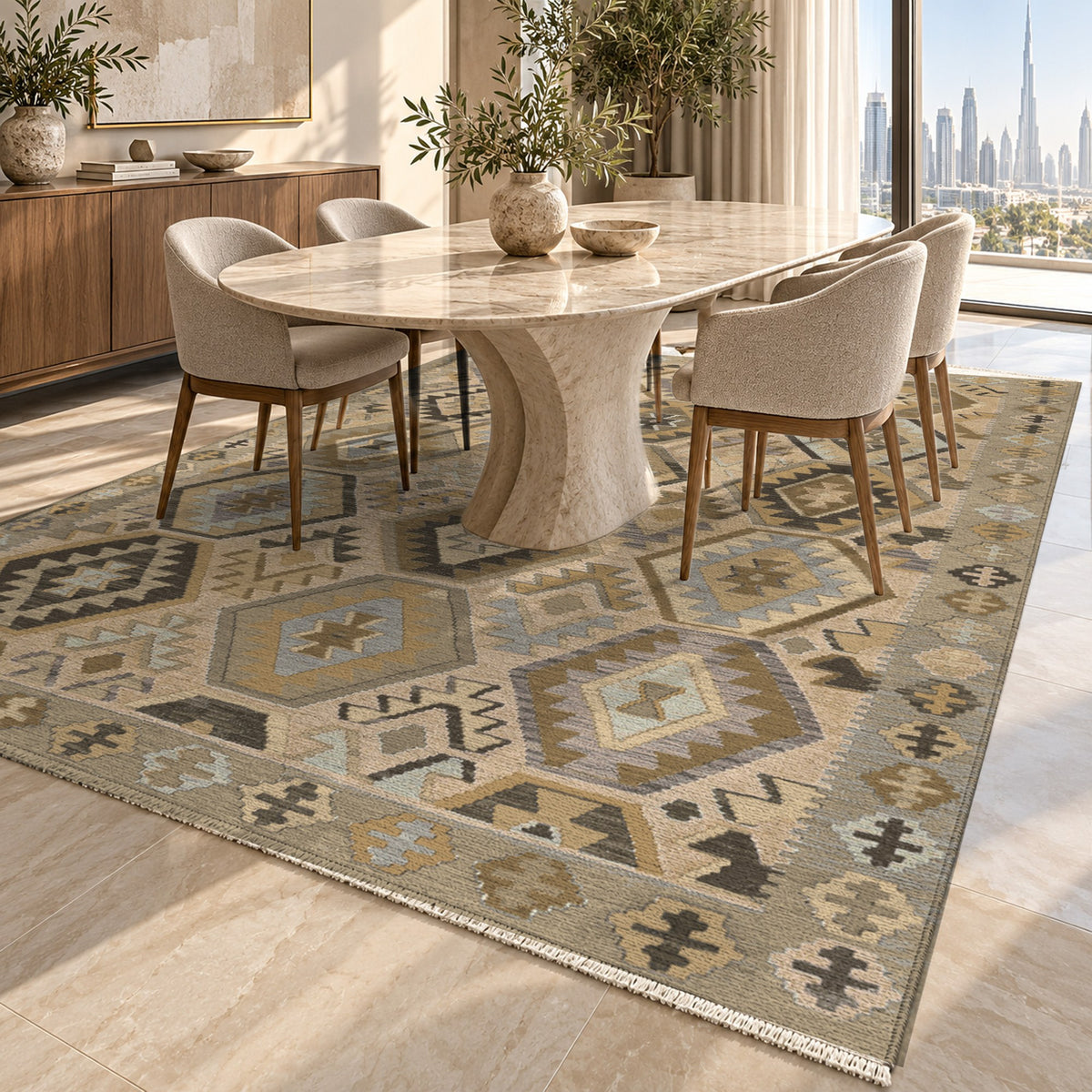 Kilim Hex Beige Ethnic Washable Rug — dubai dining