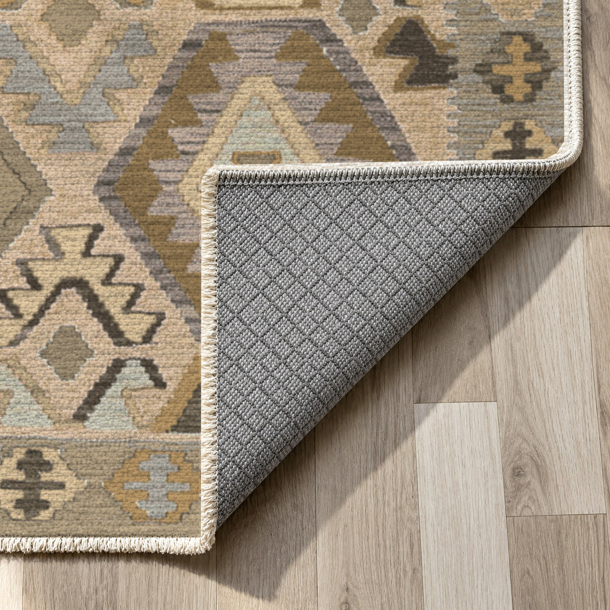 Kilim Hex Beige Ethnic Washable Rug — backing close up
