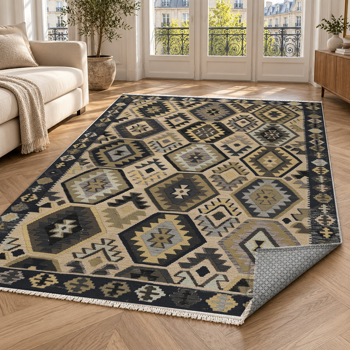 Kilim Hex Black Ethnic Washable Rug — paris living