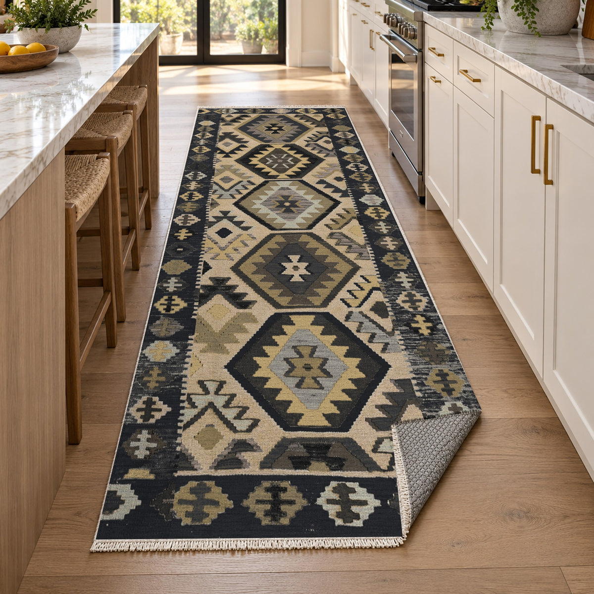 Kilim Hex Black Ethnic Washable Rug — new york kitchen runner