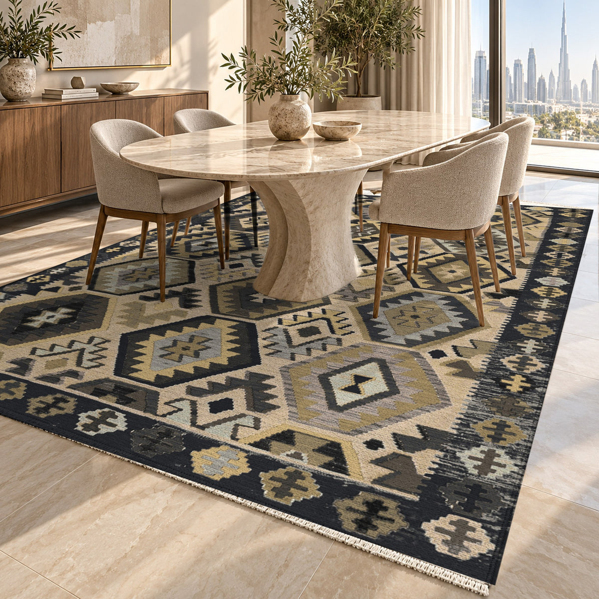 Kilim Hex Black Ethnic Washable Rug — dubai dining