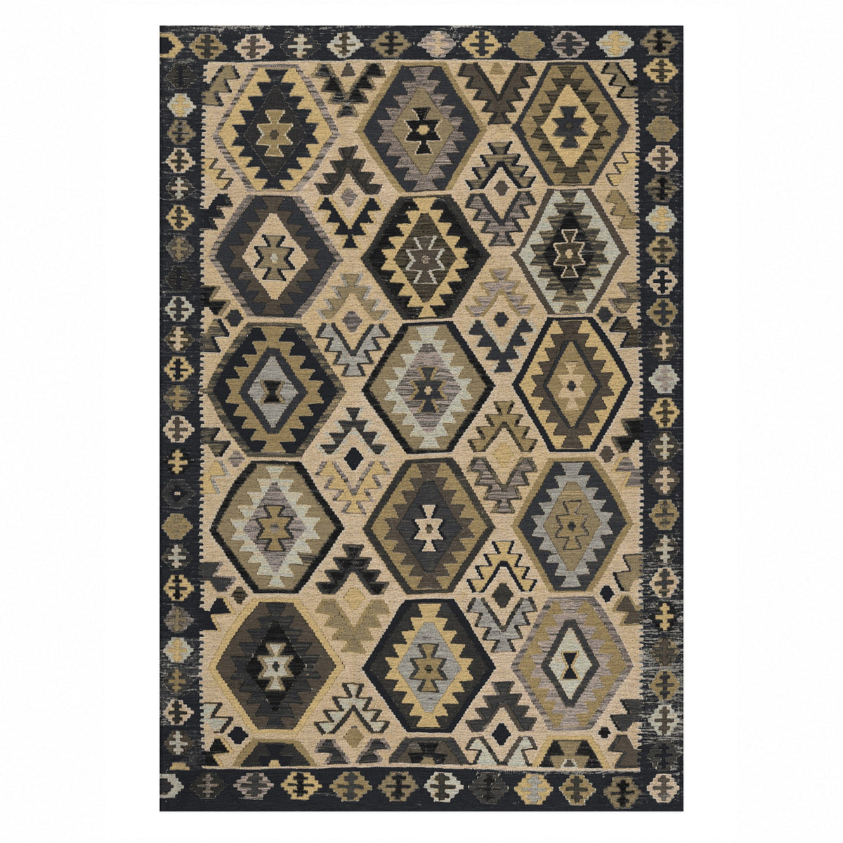 Kilim Hex Black Ethnic Washable Rug — top view