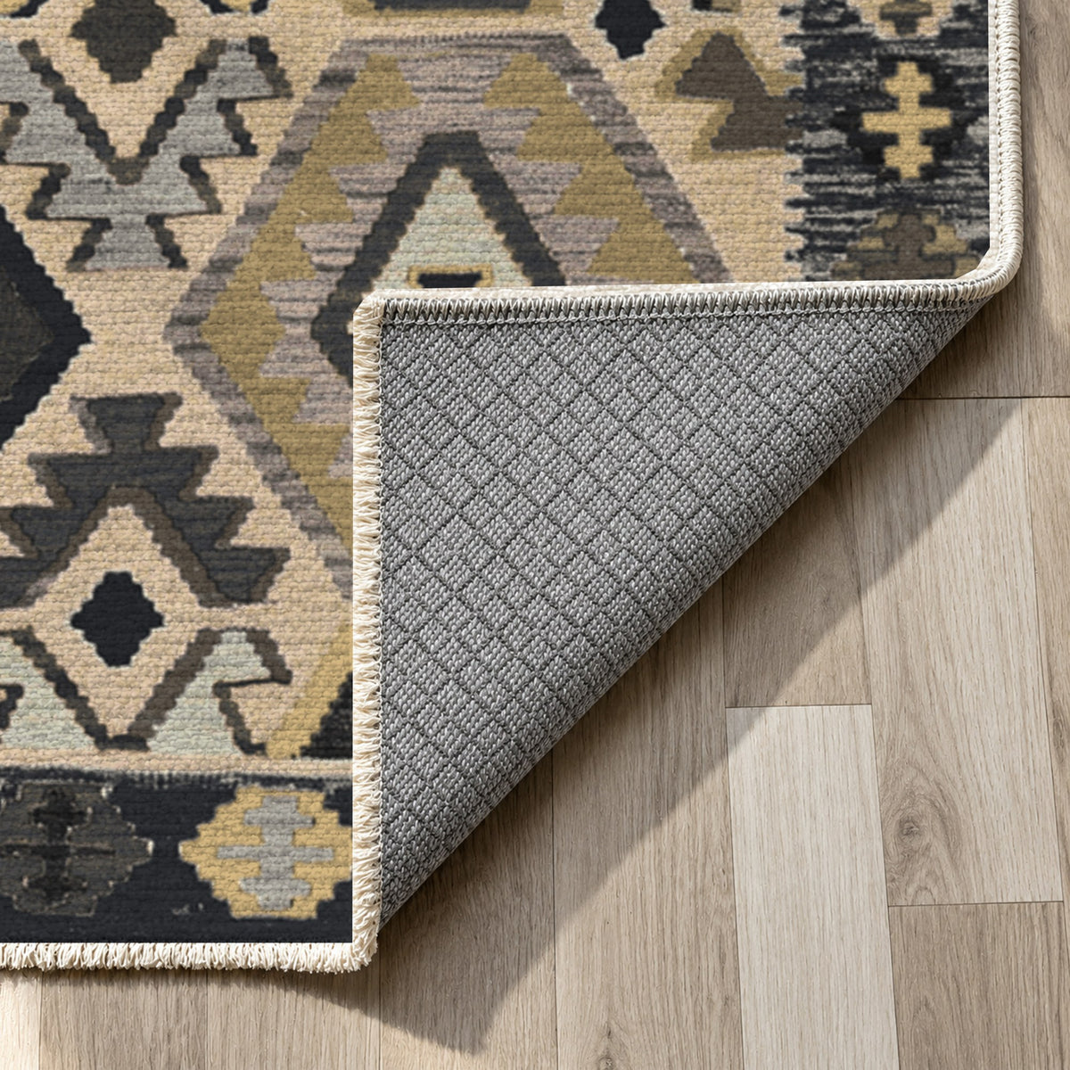 Kilim Hex Black Ethnic Washable Rug — backing close up