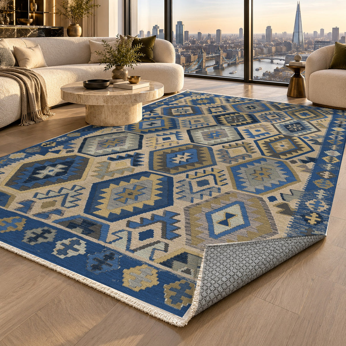 Kilim Hex Blue Ethnic Washable Rug — london luxury living