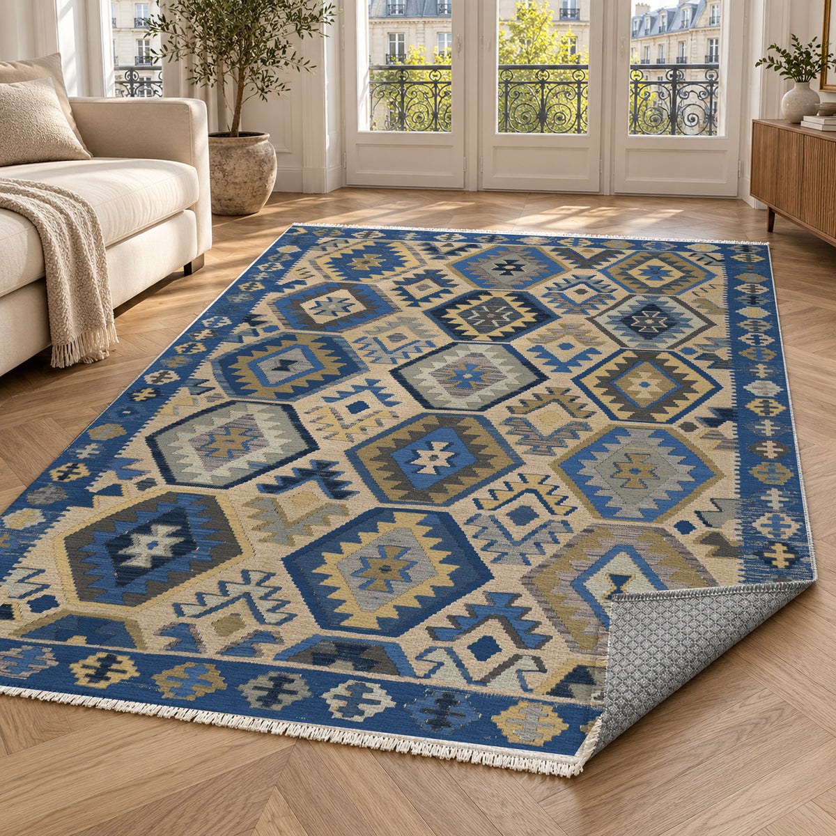 Kilim Hex Blue Ethnic Washable Rug — paris living