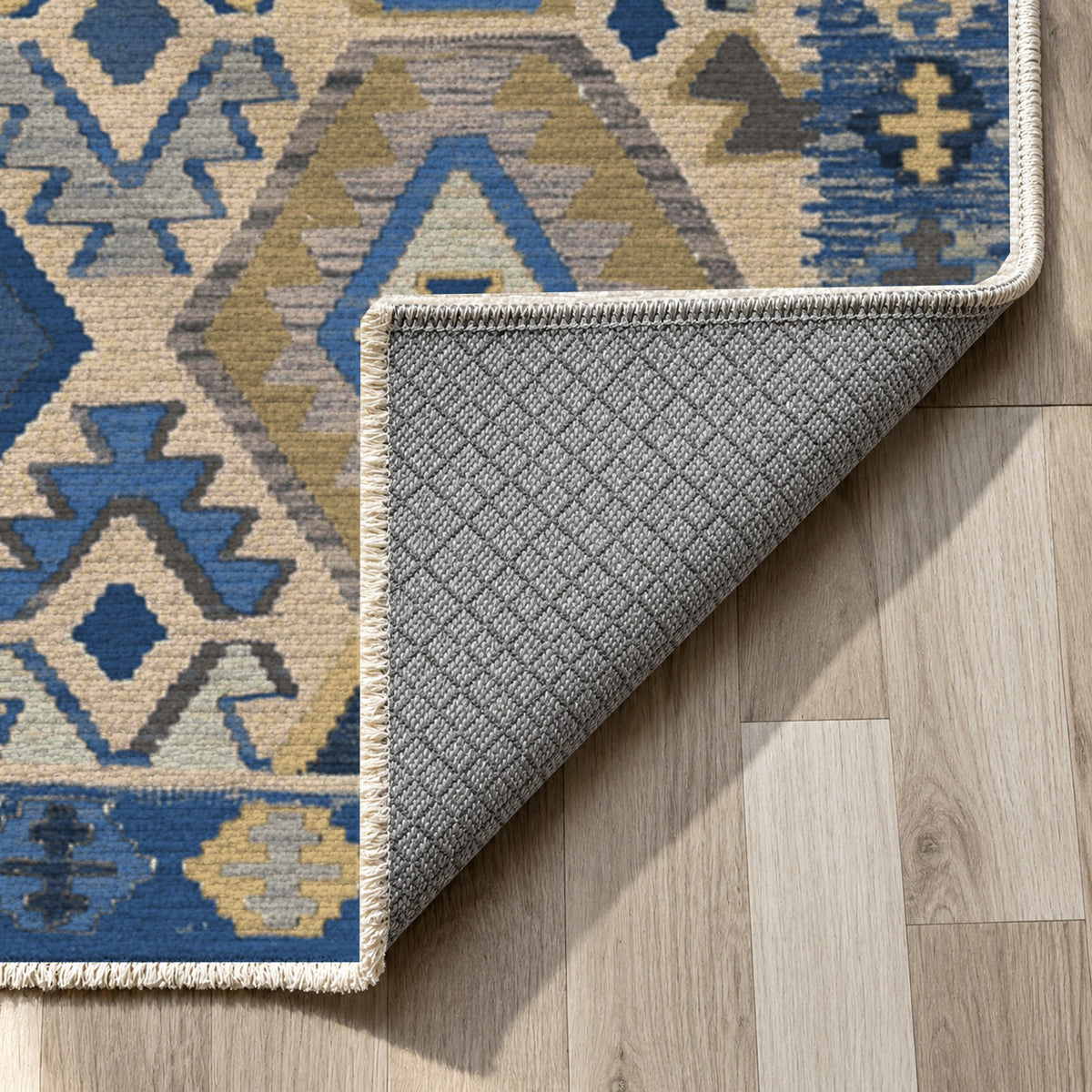 Kilim Hex Blue Ethnic Washable Rug — backing close up