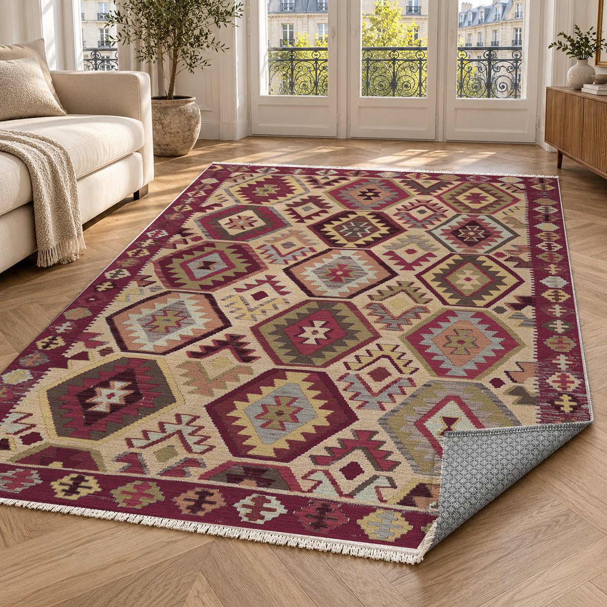 Kilim Hex Burgundy Red Ethnic Washable Rug — paris living