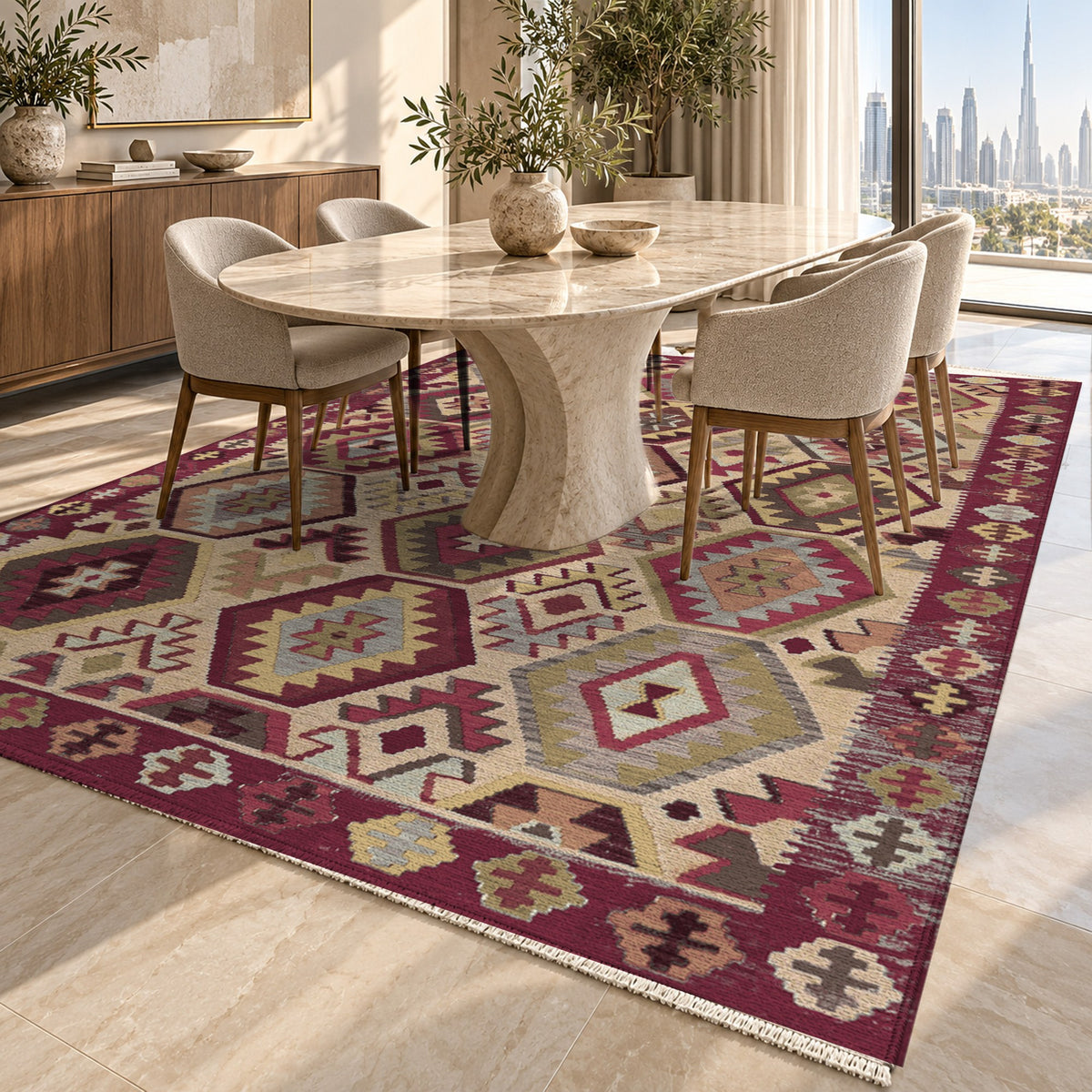 Kilim Hex Burgundy Red Ethnic Washable Rug — dubai dining