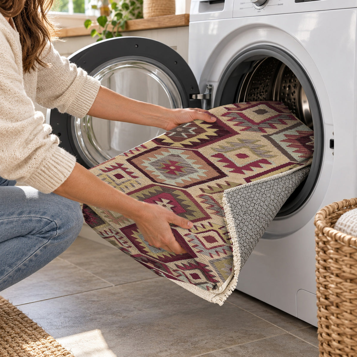 Kilim Hex Burgundy Red Ethnic Washable Rug — washing machine