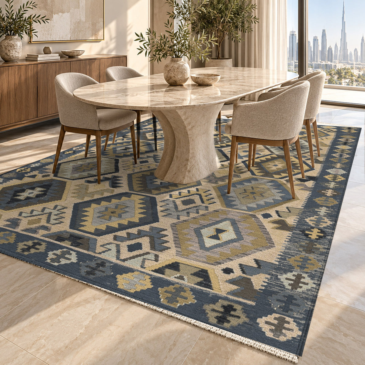 Kilim Hex Charcoal Ethnic Washable Rug — dubai dining