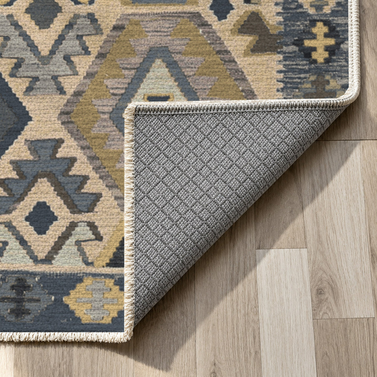 Kilim Hex Charcoal Ethnic Washable Rug — backing close up