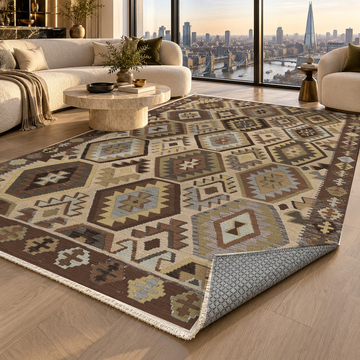 Kilim Hex Chocolate Ethnic Washable Rug — london luxury living