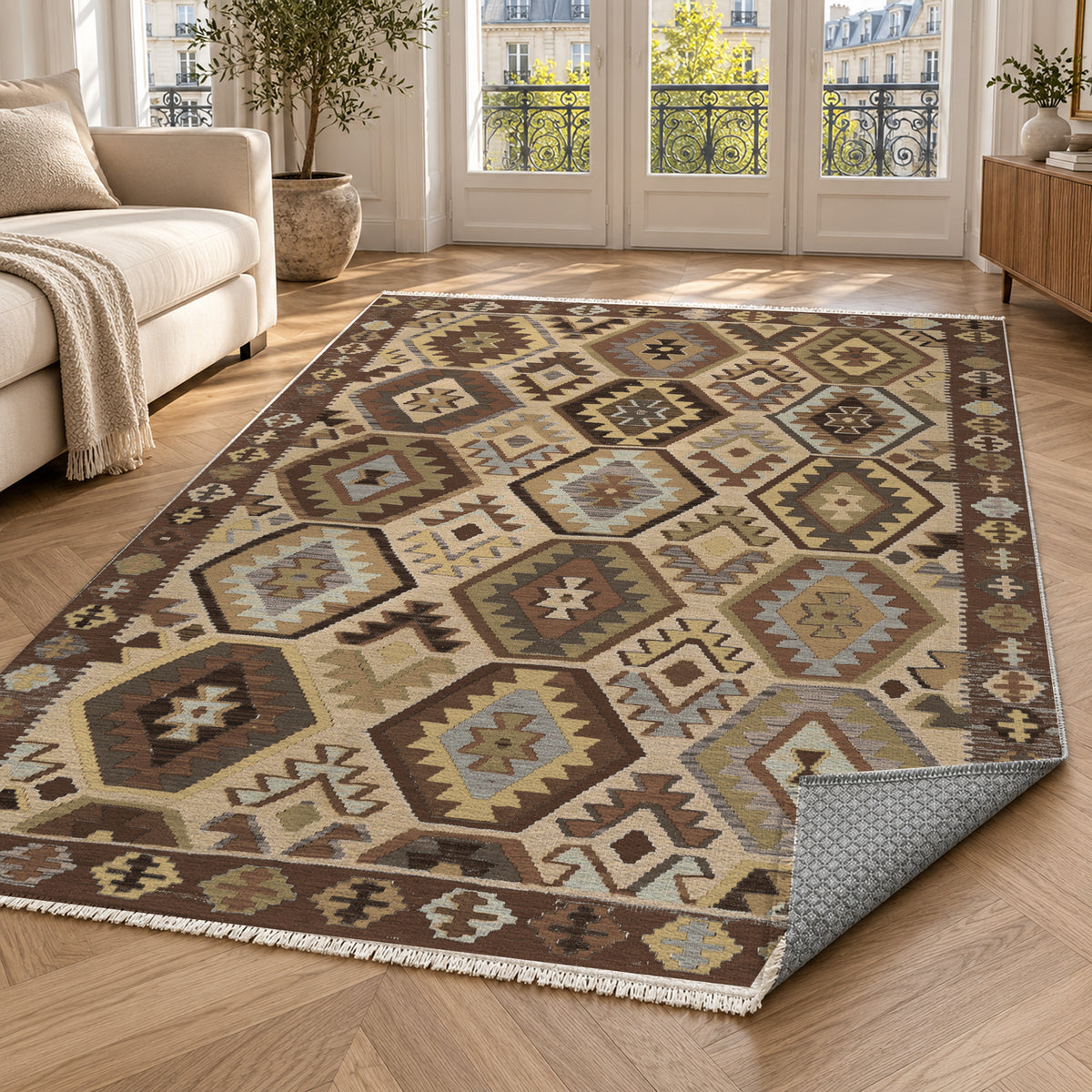 Kilim Hex Chocolate Ethnic Washable Rug — paris living