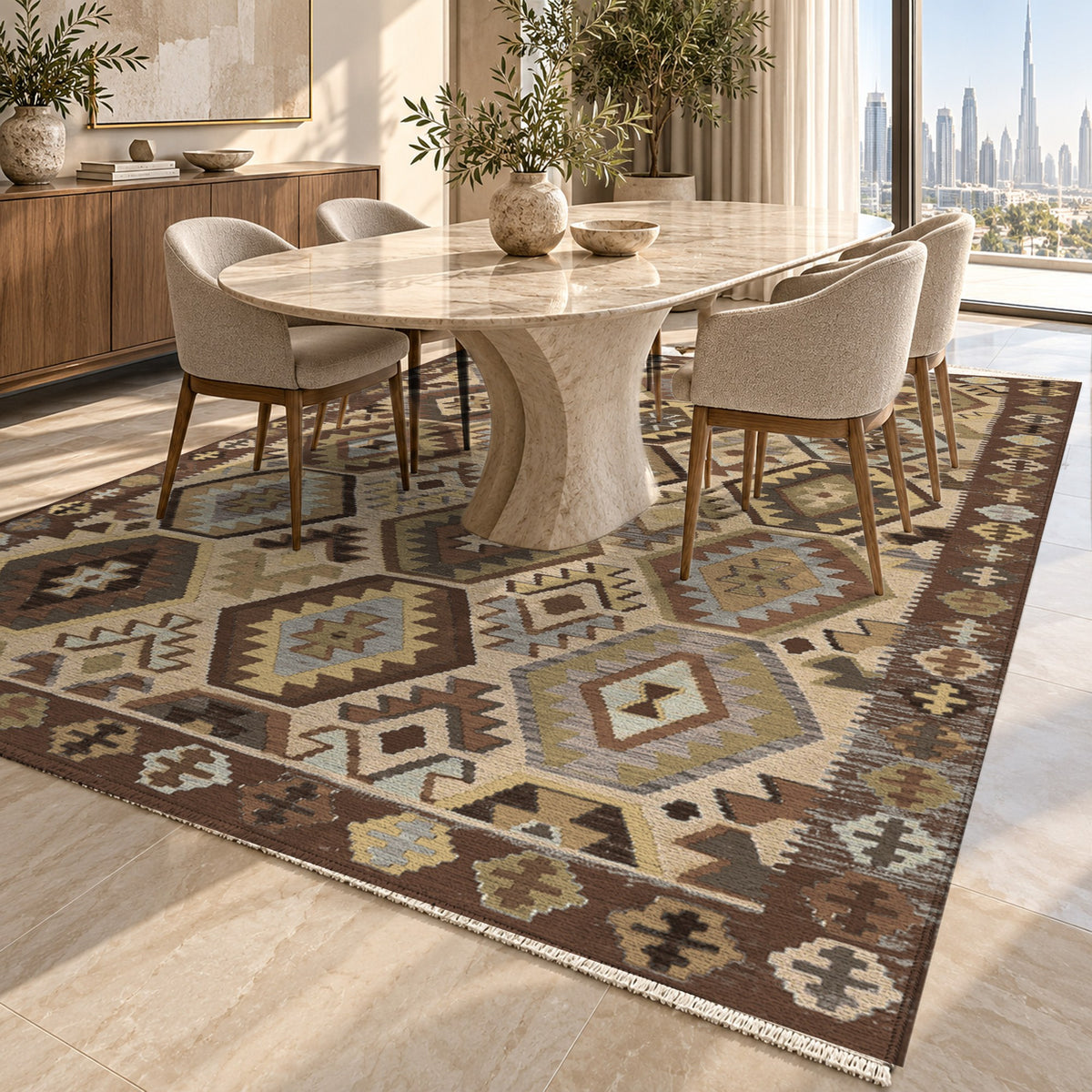 Kilim Hex Chocolate Ethnic Washable Rug — dubai dining