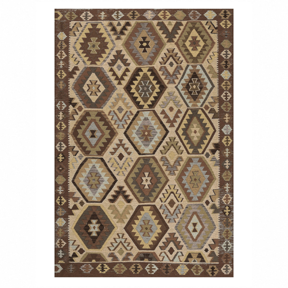 Kilim Hex Chocolate Ethnic Washable Rug — top view