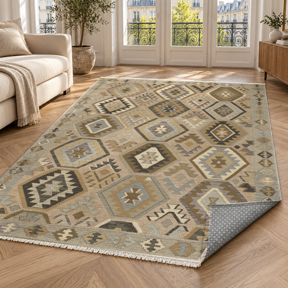 Kilim Hex Cream Ethnic Washable Rug — paris living