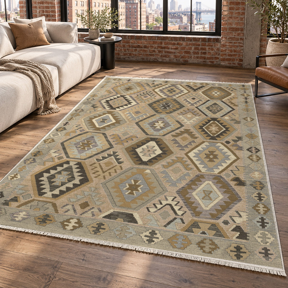 Kilim Hex Cream Ethnic Washable Rug — new york living