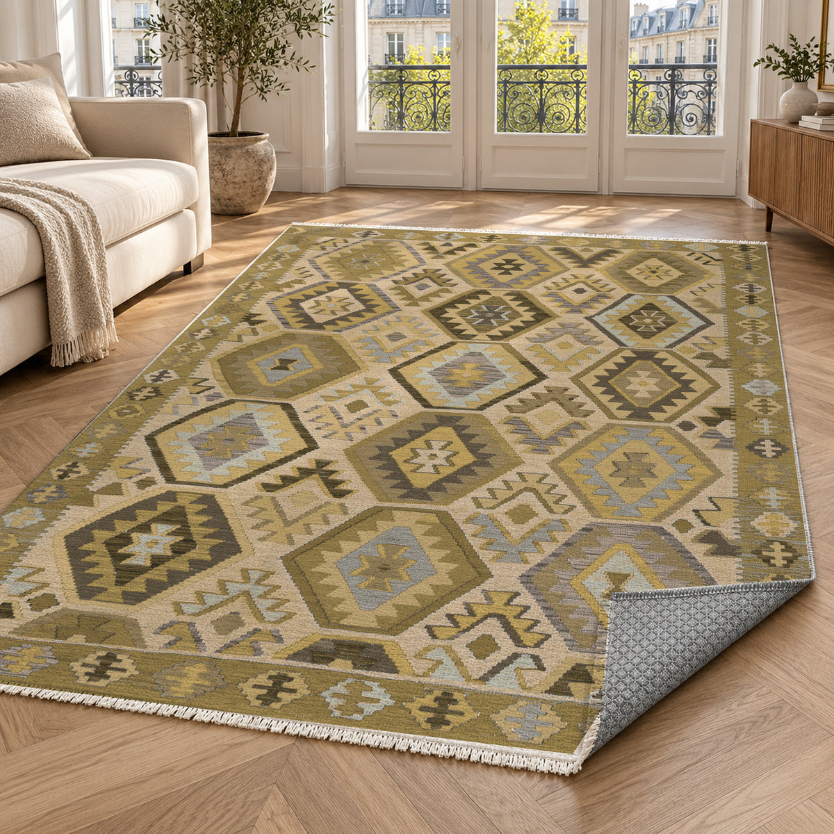 Kilim Hex Muted Gold Ethnic Washable Rug — paris living