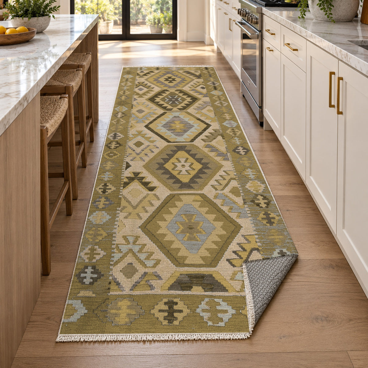 Kilim Hex Muted Gold Ethnic Washable Rug — new york kitchen runner