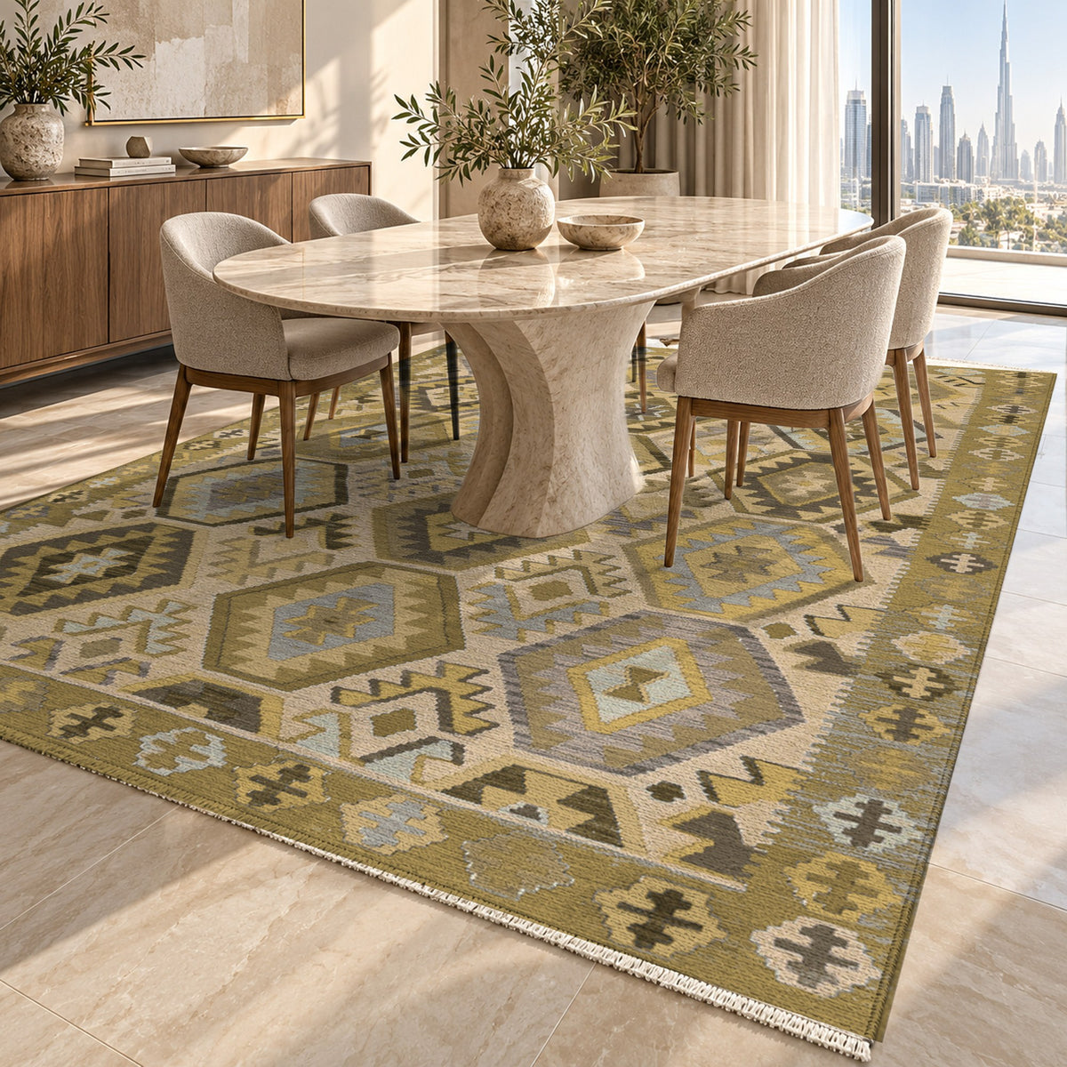Kilim Hex Muted Gold Ethnic Washable Rug — dubai dining