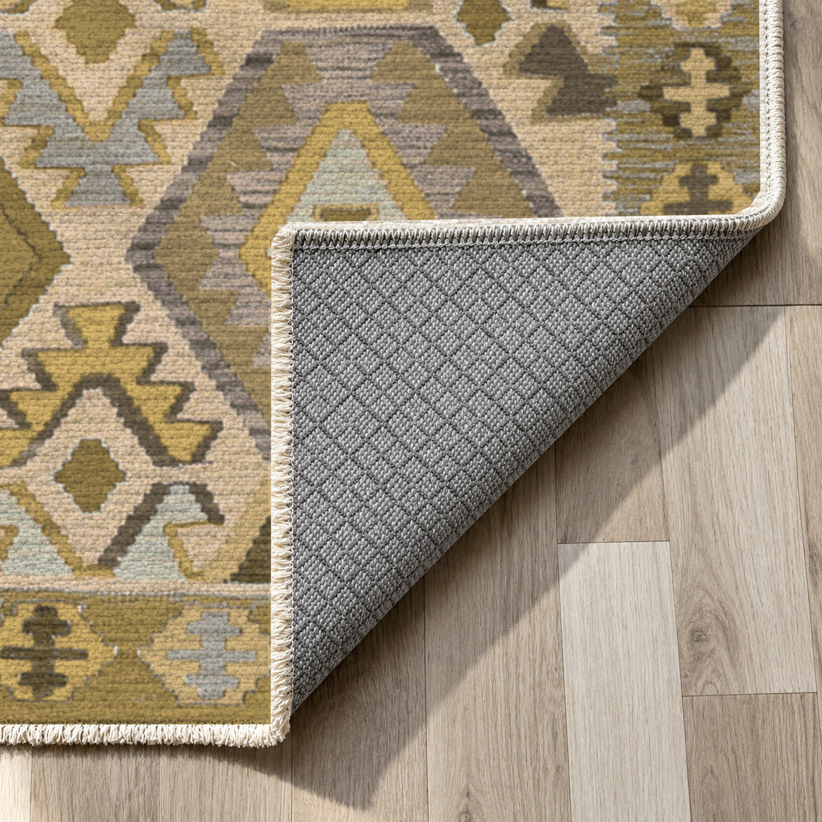 Kilim Hex Muted Gold Ethnic Washable Rug — backing close up