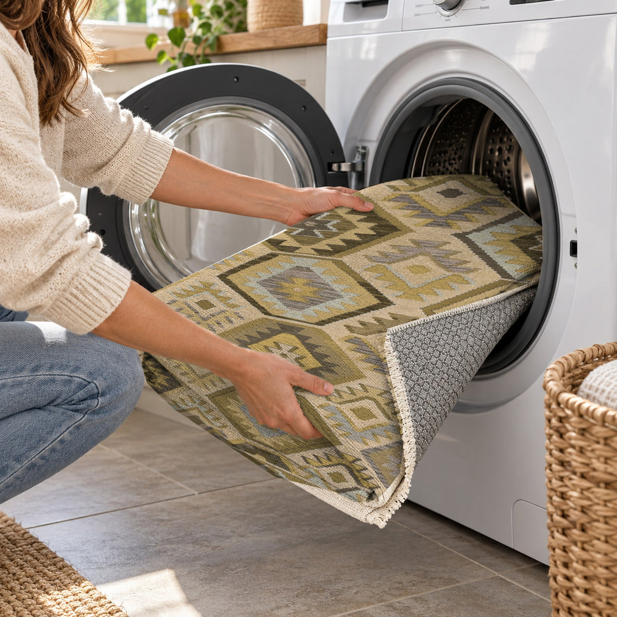 Kilim Hex Muted Gold Ethnic Washable Rug — washing machine