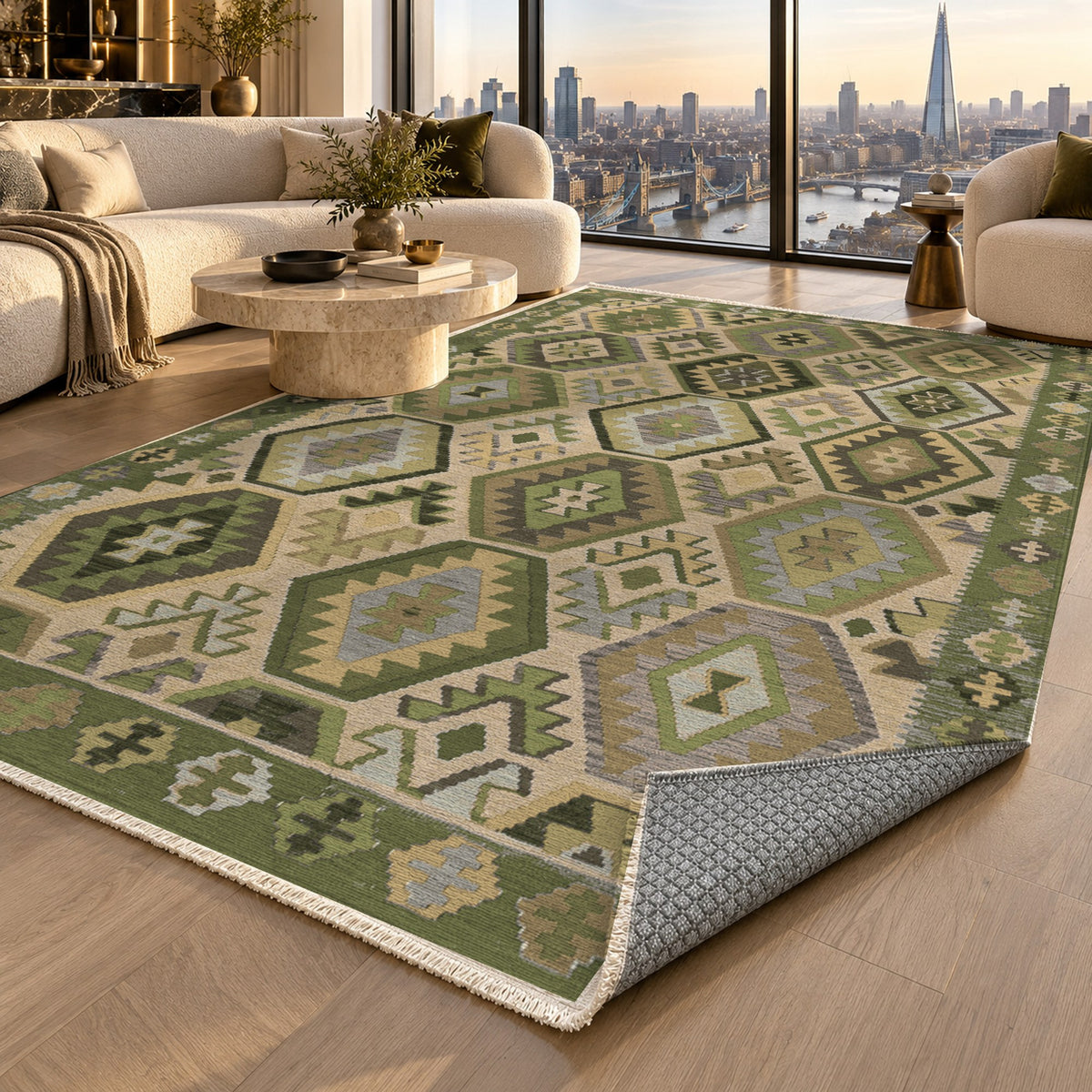 Kilim Hex Olive Ethnic Washable Rug — london luxury living