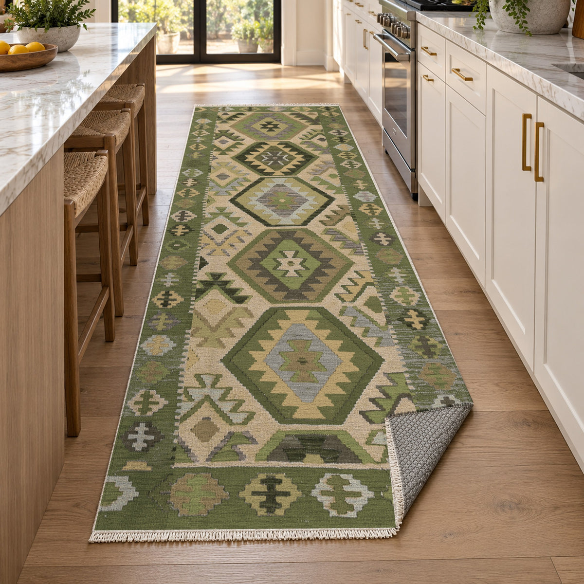 Kilim Hex Olive Ethnic Washable Rug — new york kitchen runner
