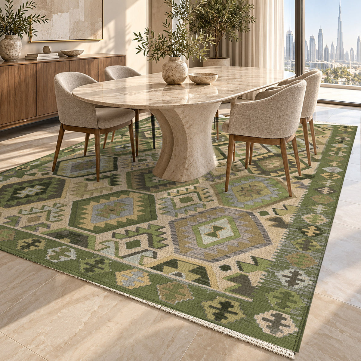 Kilim Hex Olive Ethnic Washable Rug — dubai dining