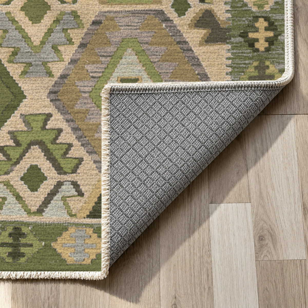 Kilim Hex Olive Ethnic Washable Rug — backing close up