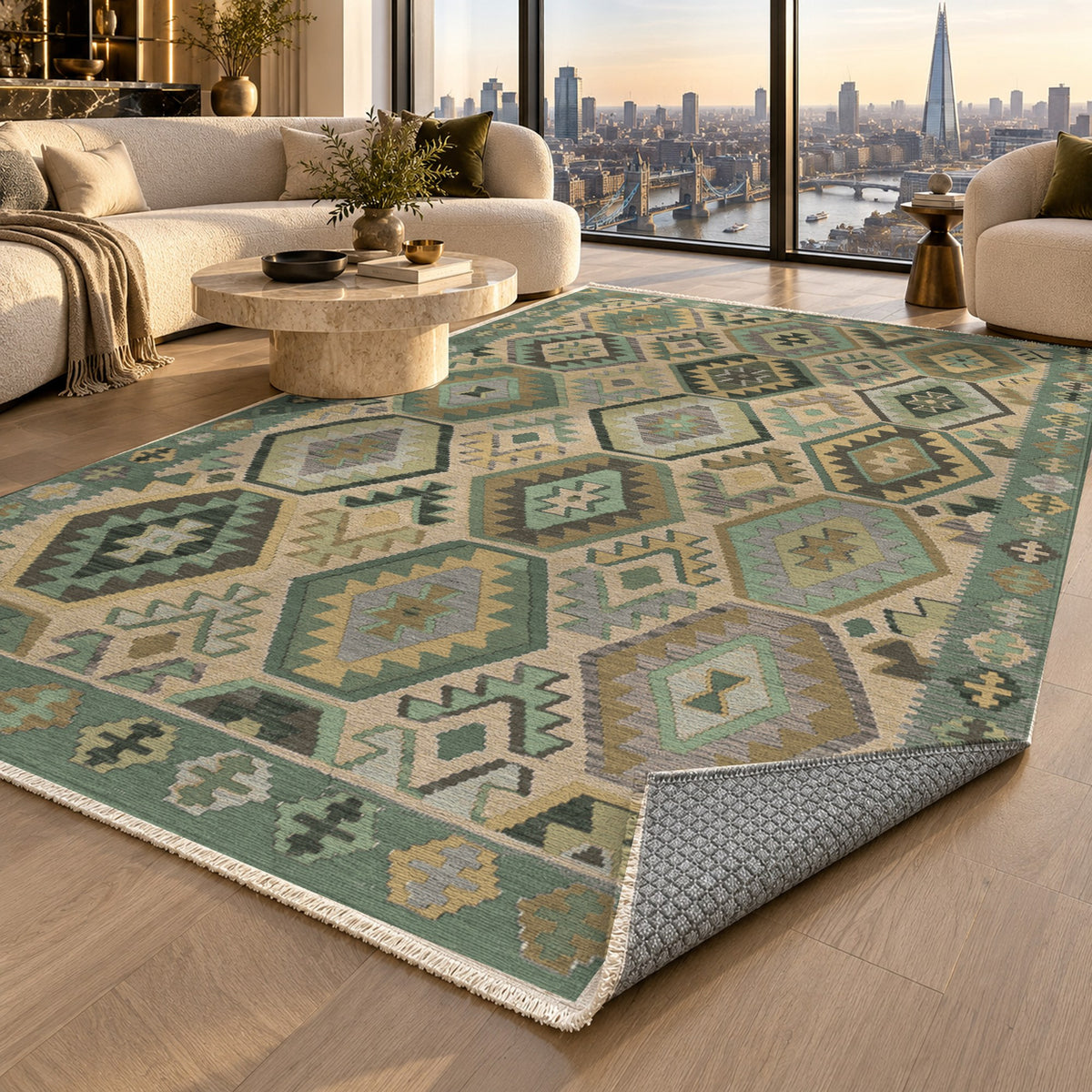 Kilim Hex Sage Ethnic Washable Rug — london luxury living