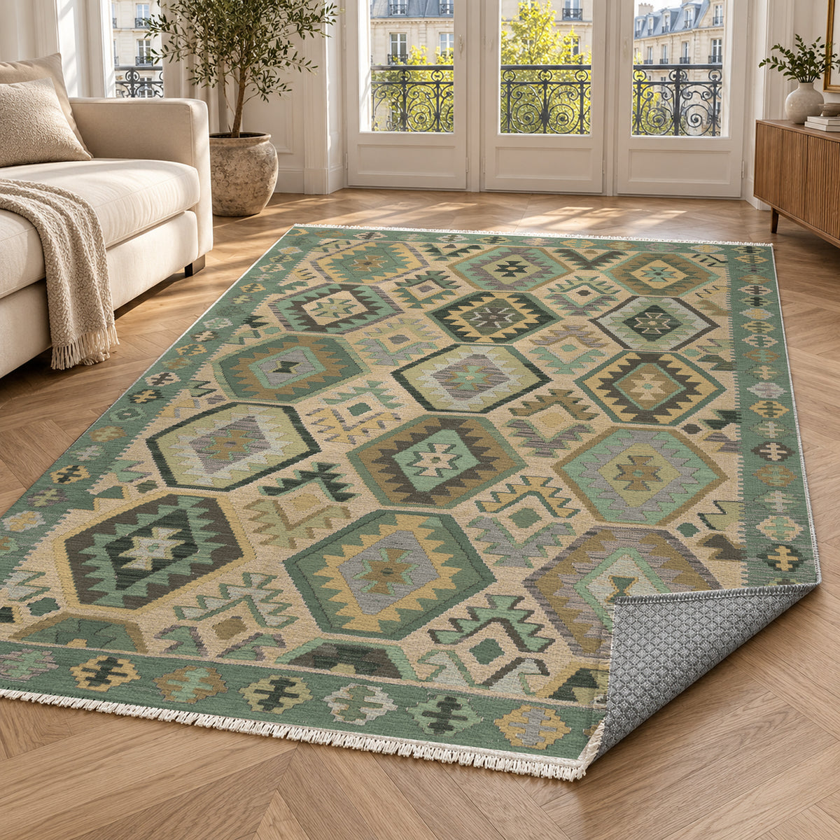Kilim Hex Sage Ethnic Washable Rug — paris living