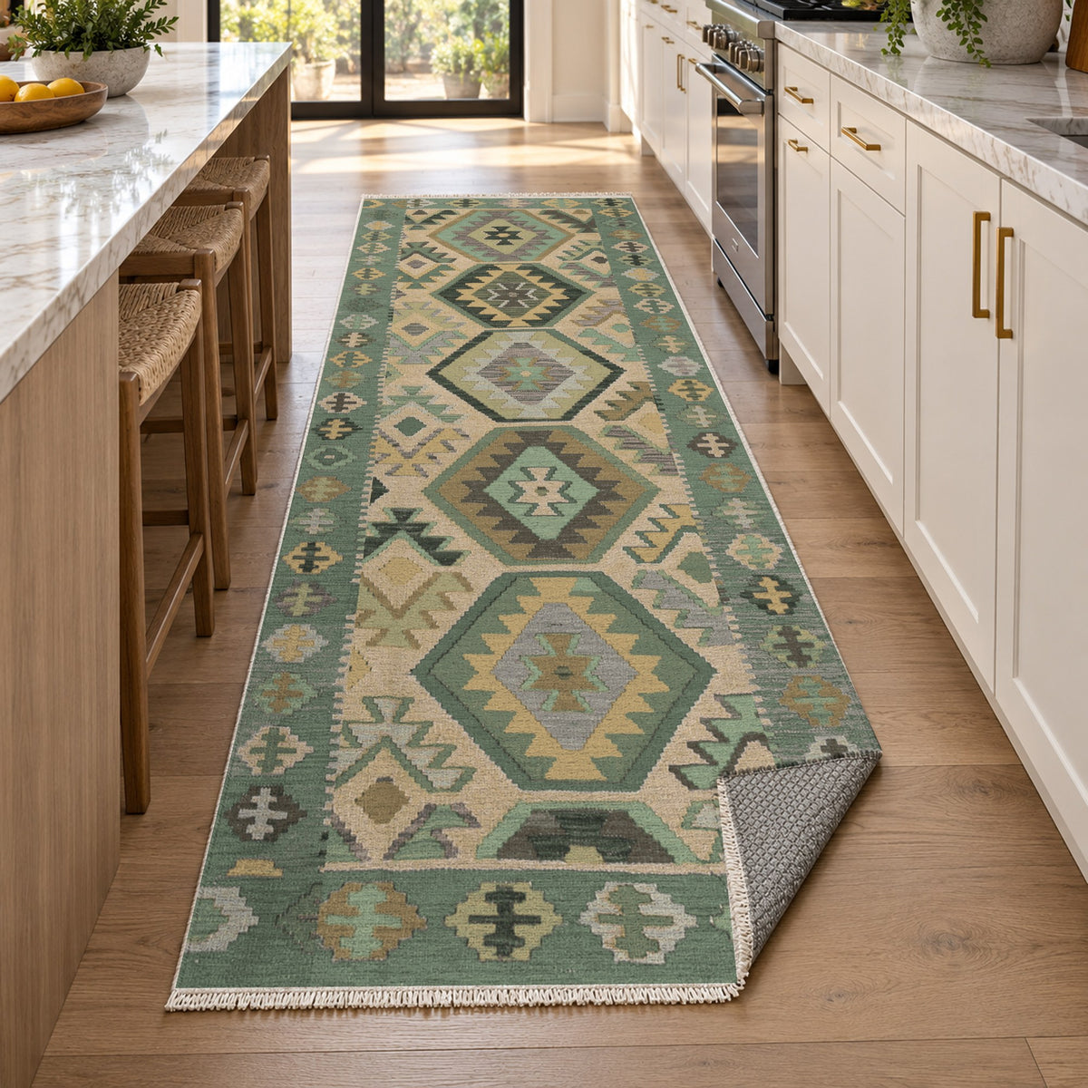 Kilim Hex Sage Ethnic Washable Rug — new york kitchen runner