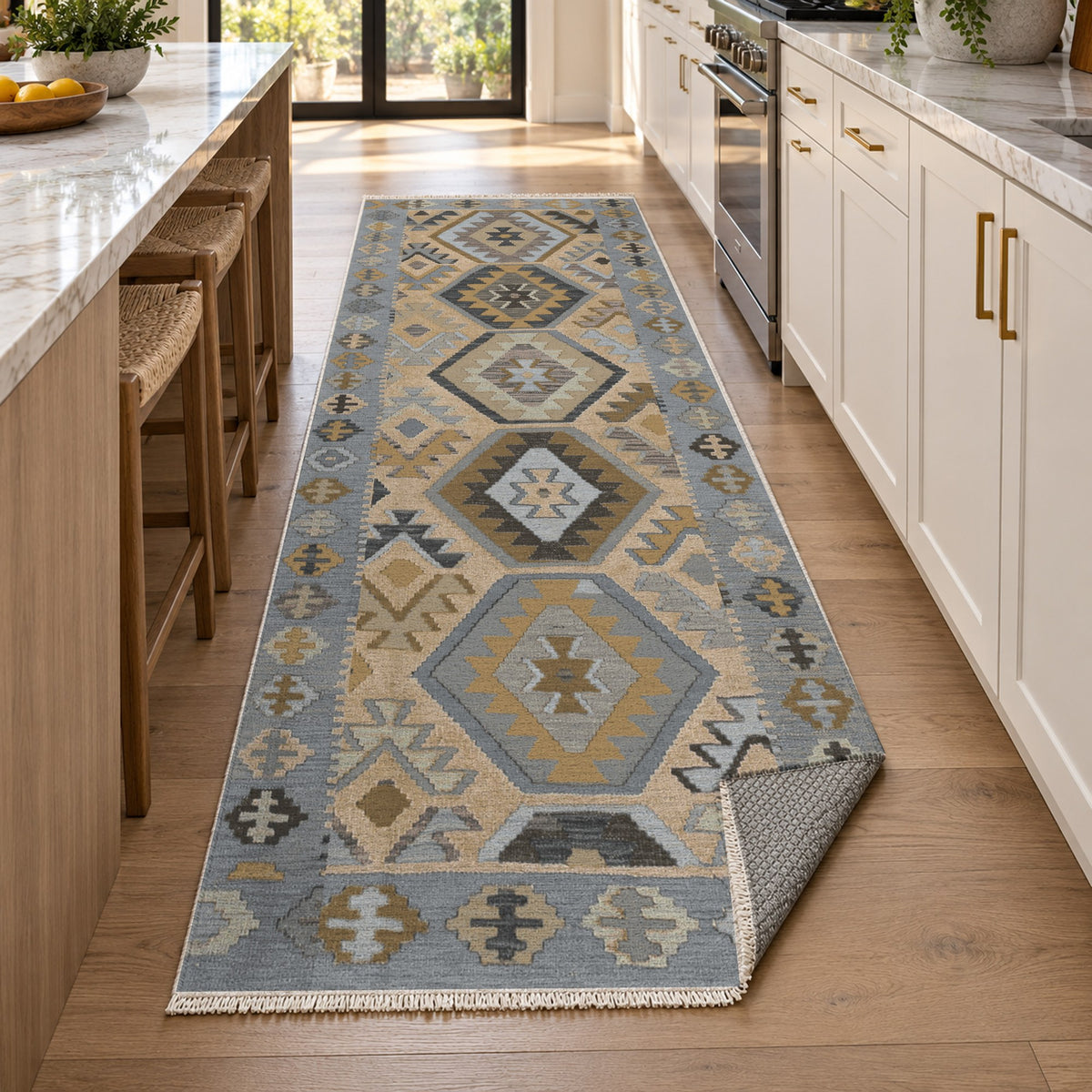 Kilim Hex Silver Grey Ethnic Washable Rug — new york kitchen runner