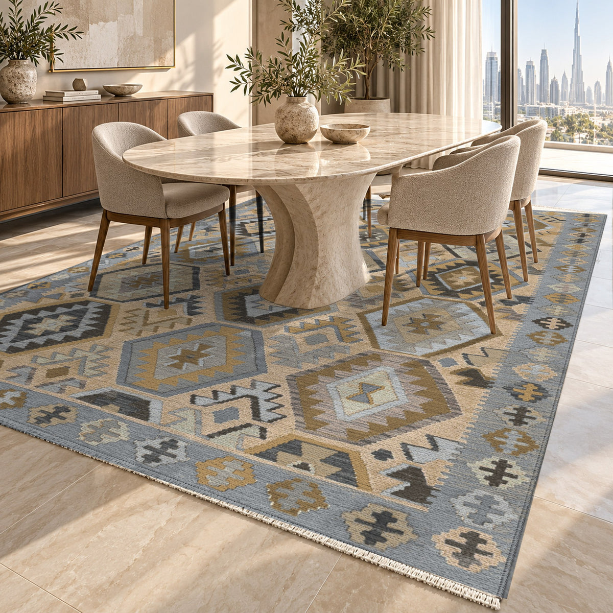 Kilim Hex Silver Grey Ethnic Washable Rug — dubai dining
