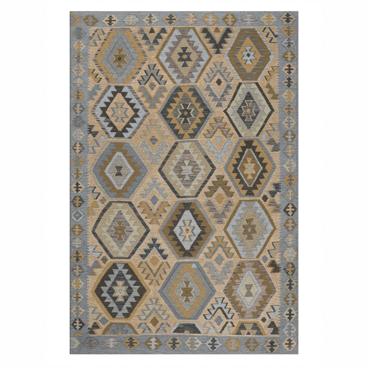 Kilim Hex Silver Grey Ethnic Washable Rug — top view