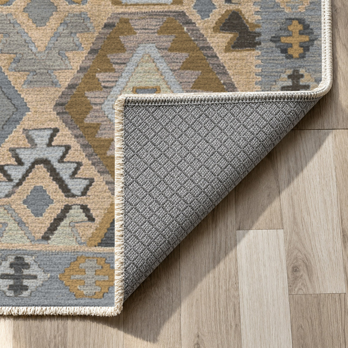 Kilim Hex Silver Grey Ethnic Washable Rug — backing close up