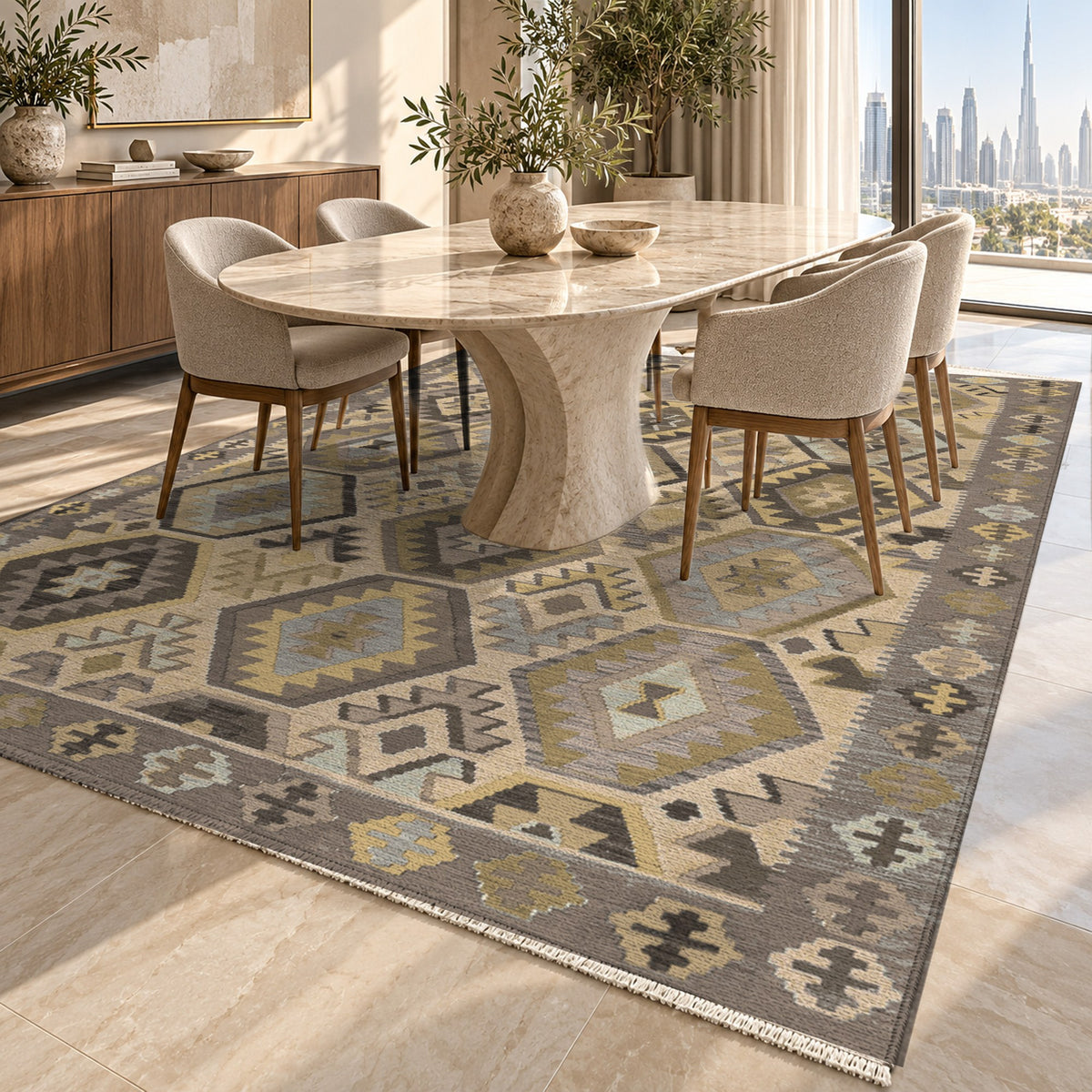 Kilim Hex Taupe Ethnic Washable Rug — dubai dining