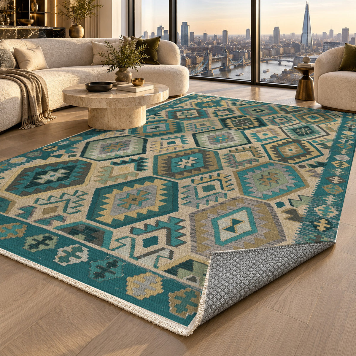 Kilim Hex Teal Ethnic Washable Rug — london luxury living