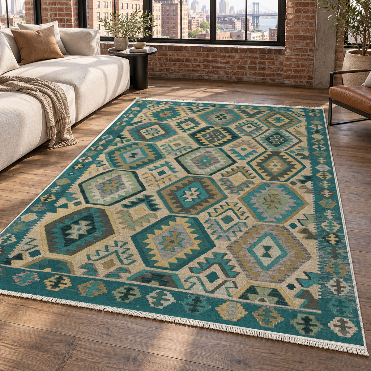 Kilim Hex Teal Ethnic Washable Rug — new york living