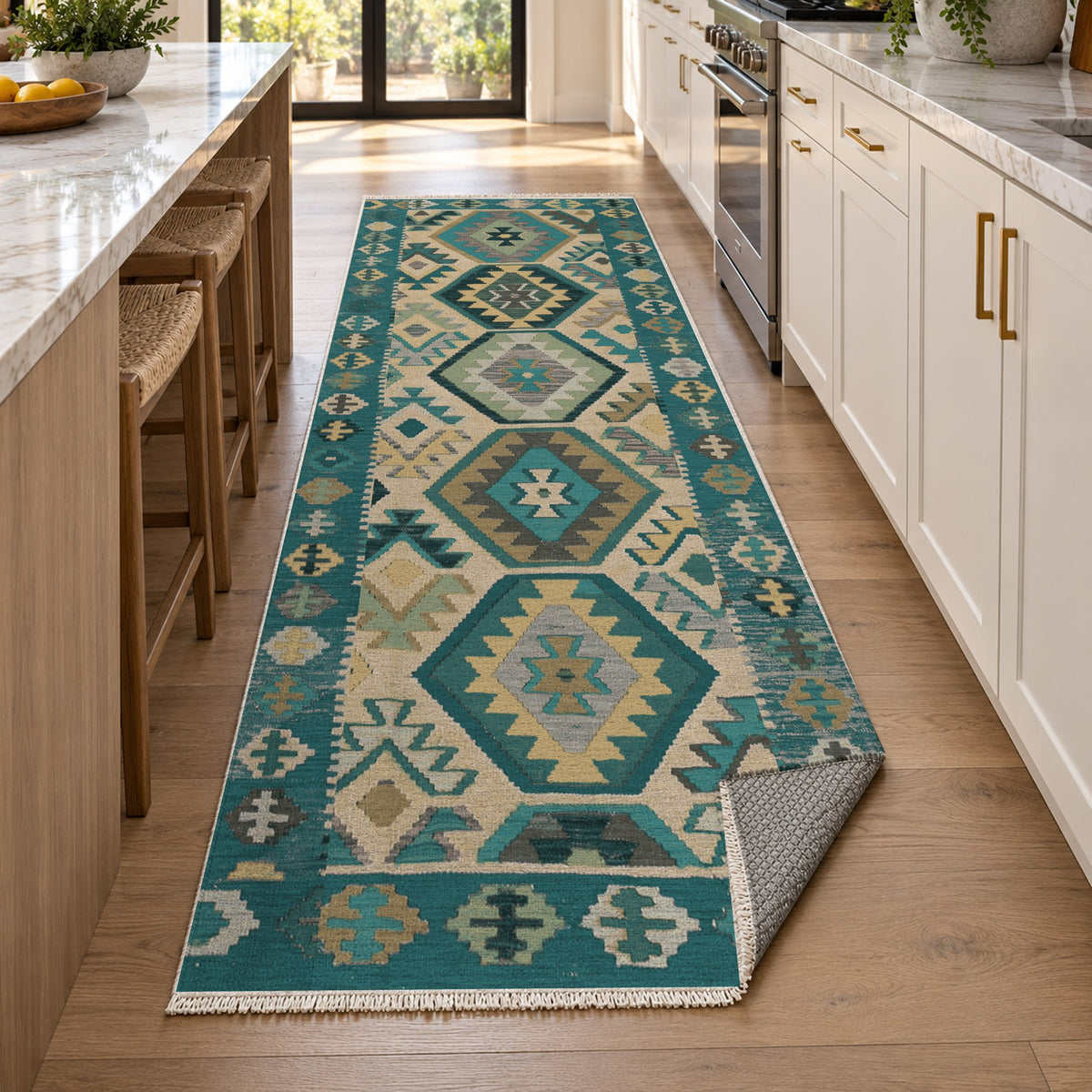 Kilim Hex Teal Ethnic Washable Rug — new york kitchen runner