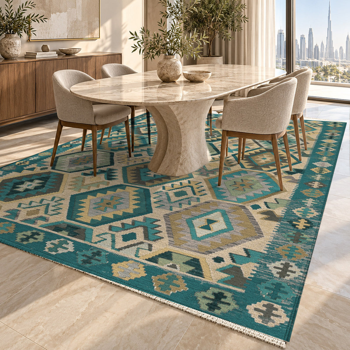 Kilim Hex Teal Ethnic Washable Rug — dubai dining