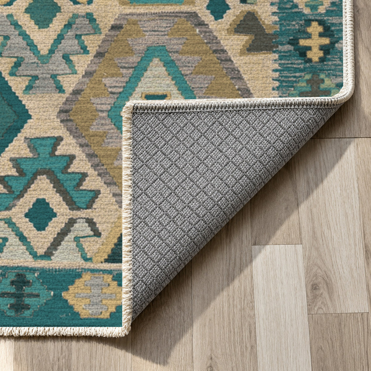Kilim Hex Teal Ethnic Washable Rug — backing close up