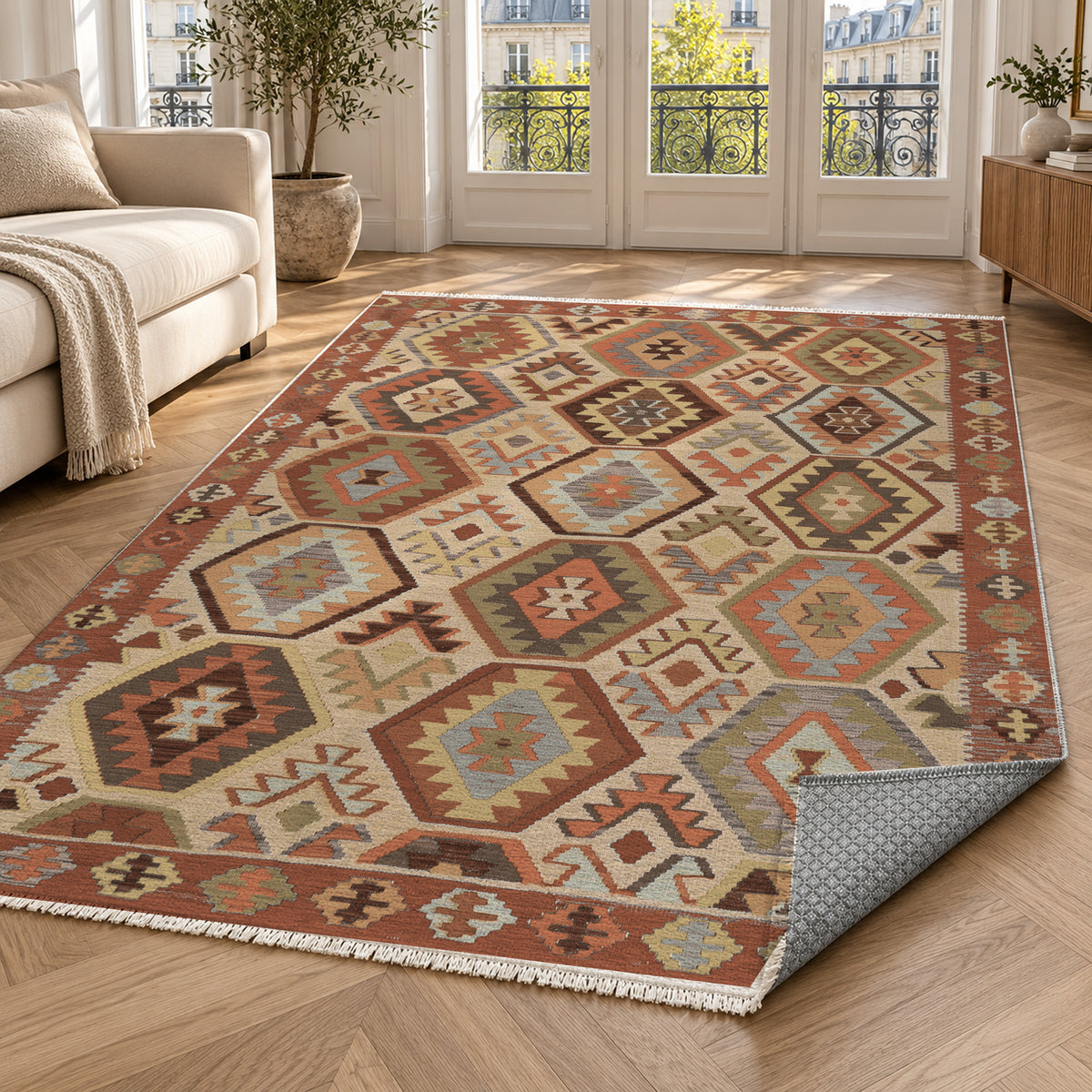 Kilim Hex Terracotta Ethnic Washable Rug — paris living