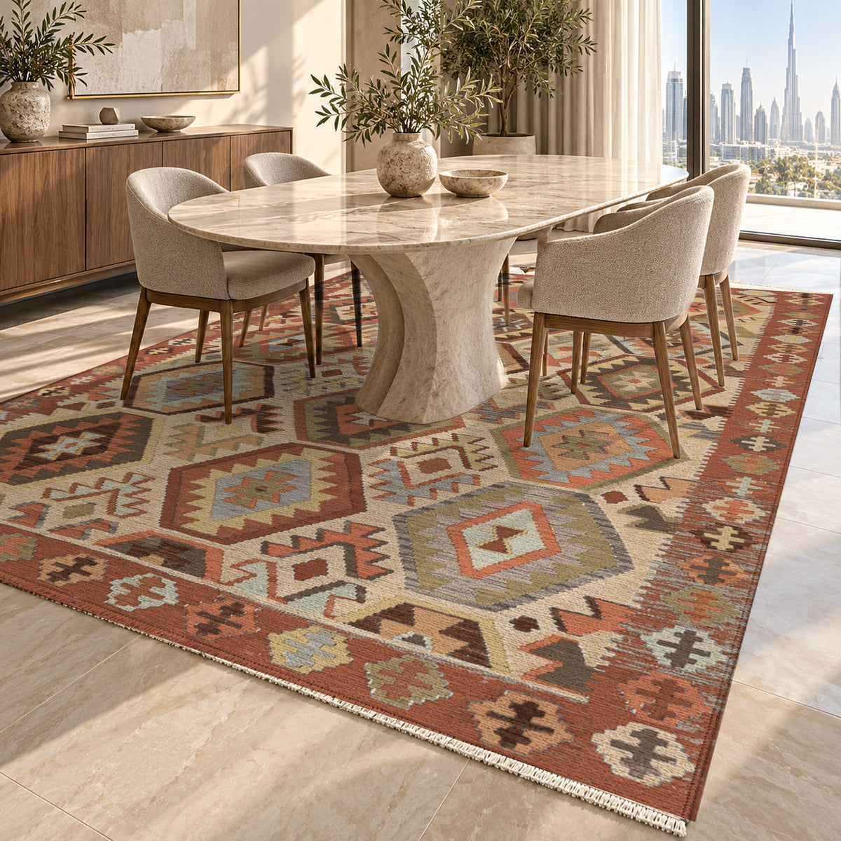 Kilim Hex Terracotta Ethnic Washable Rug — dubai dining
