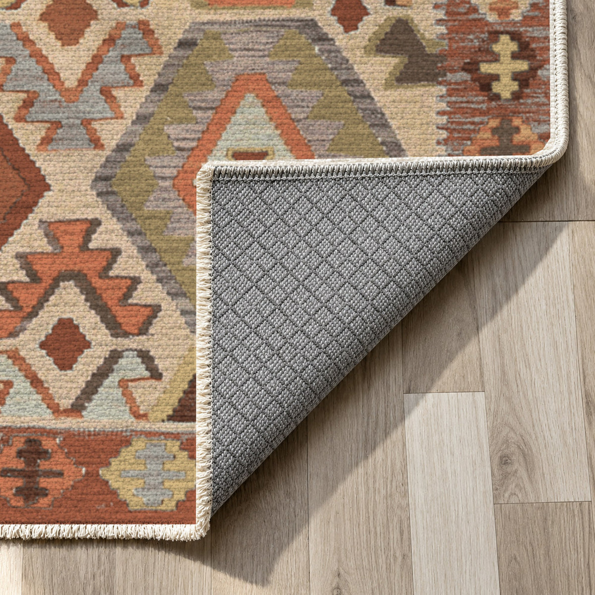 Kilim Hex Terracotta Ethnic Washable Rug — backing close up