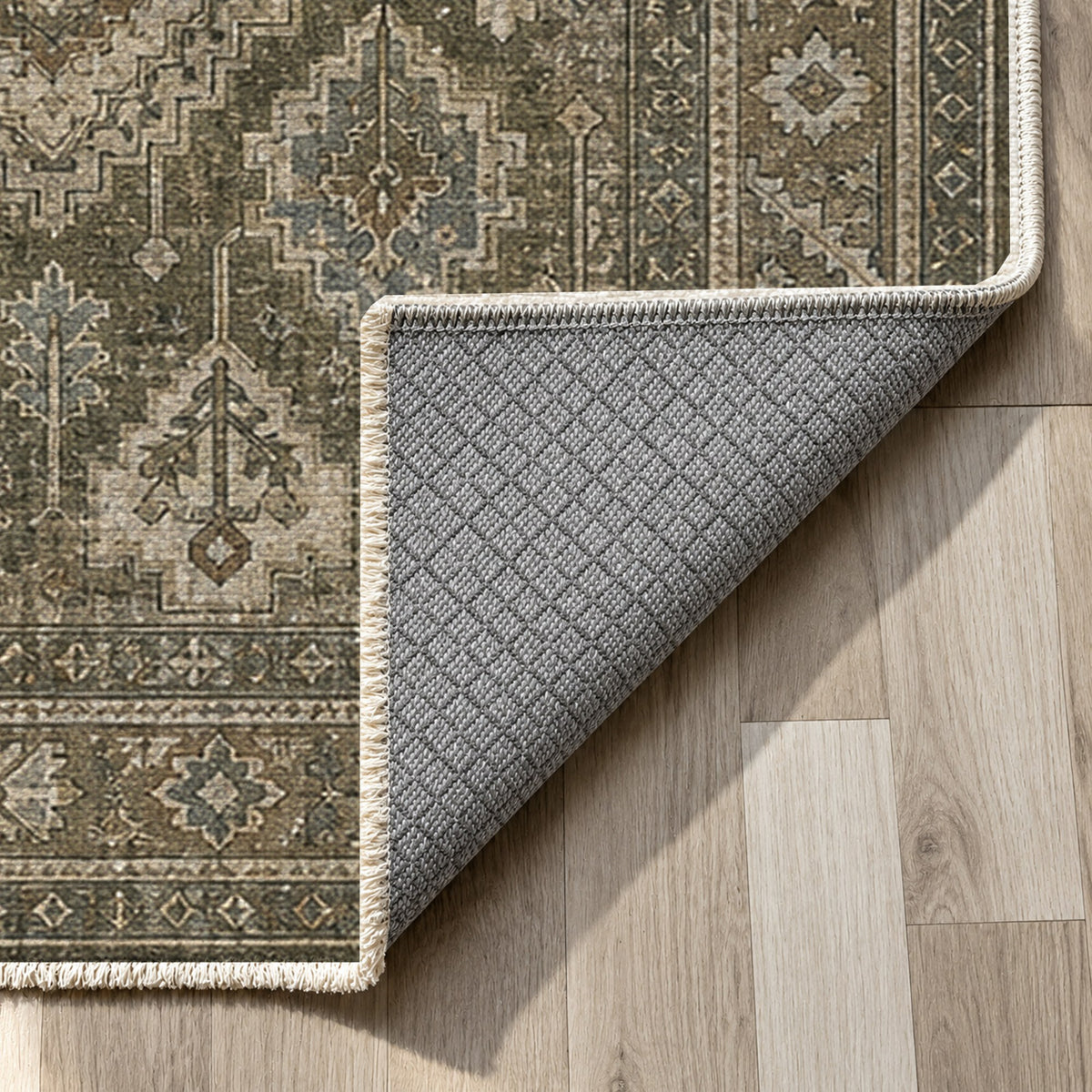Lattice Slate Geometric Washable Rug — backing close up