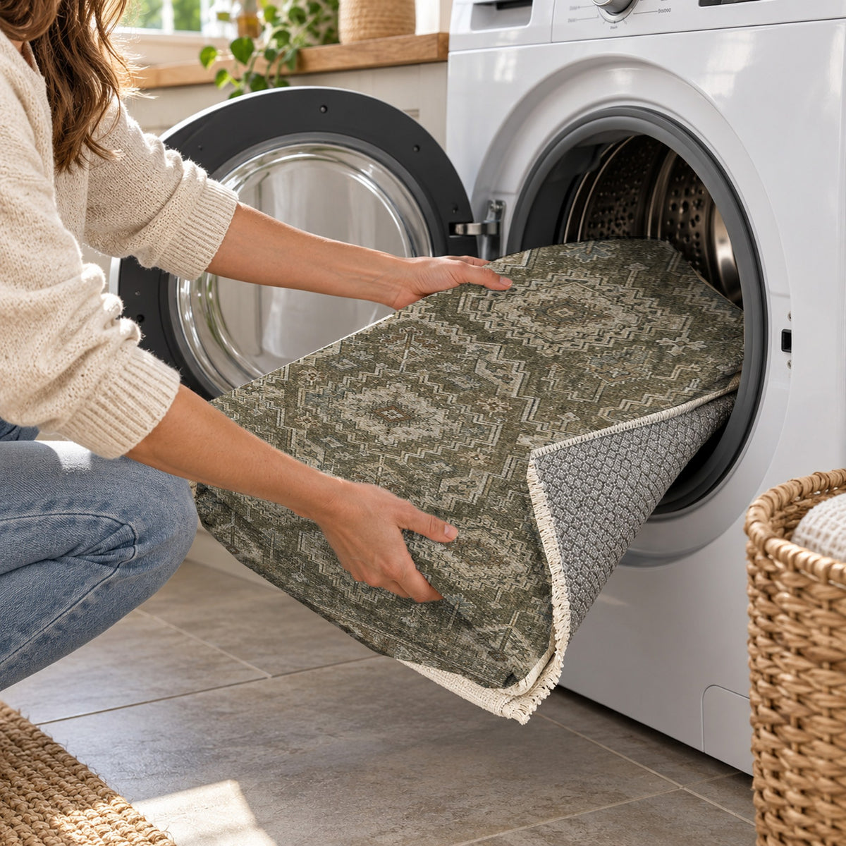 Lattice Slate Geometric Washable Rug — washing machine