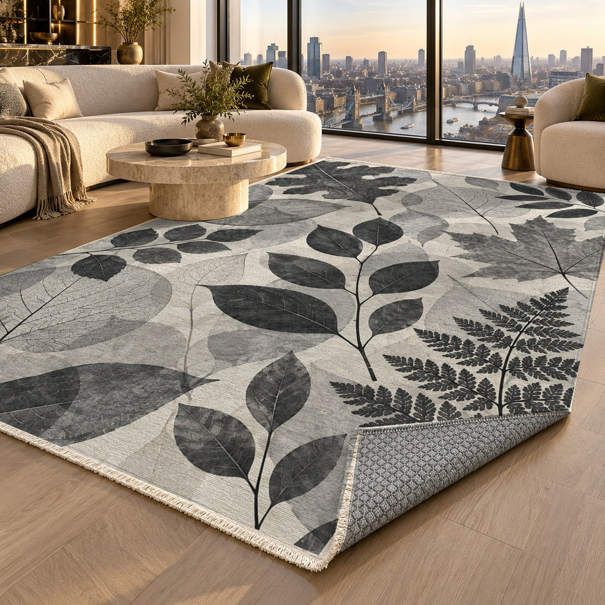 Leaf Impressions Charcoal Floral Washable Rug — london luxury living