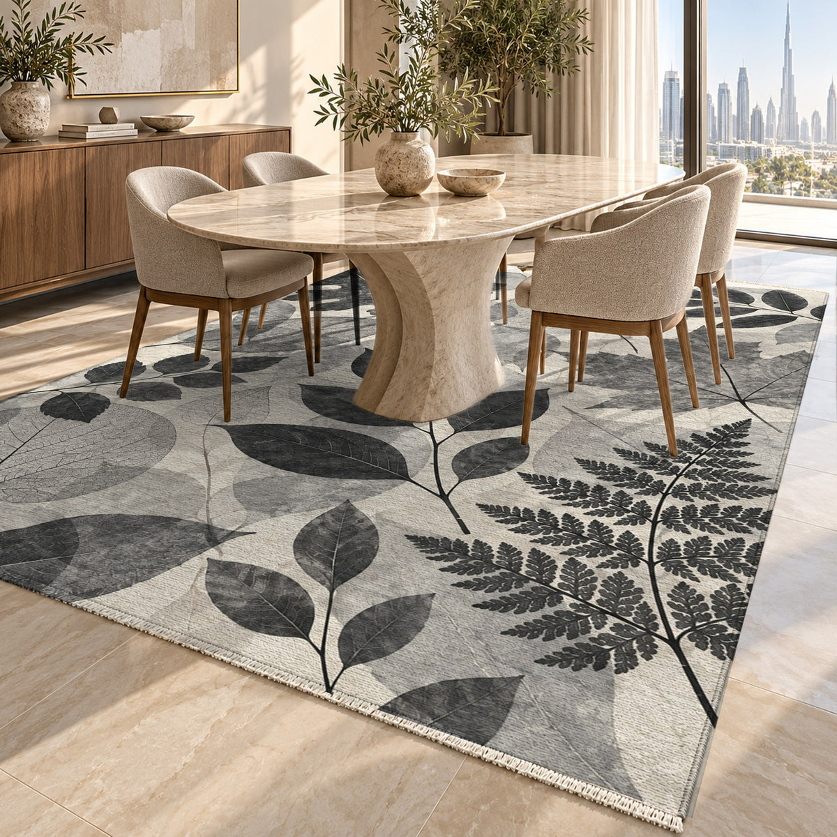 Leaf Impressions Charcoal Floral Washable Rug — dubai dining